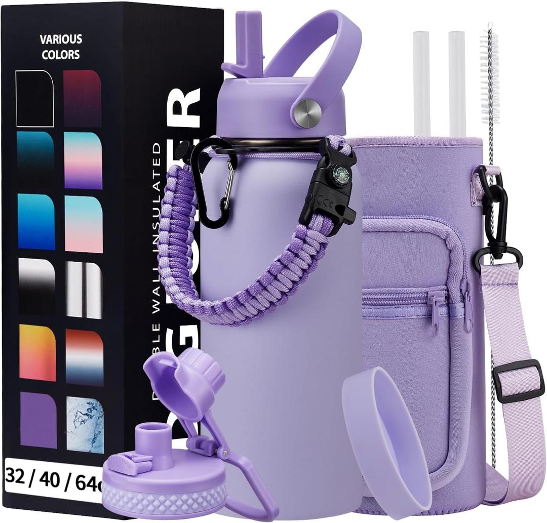 DIGJUPER Insulated Water Bottle 32 oz - with Straw & Pop-up Spout Lid, Paracord Handle, Carrier Shoulder Strap, Protective Boot, Wide Mouth Double Walled Vacuum Insulated Gym Water Bottle for Women (Lilac Purple)