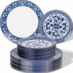 Hioasis 60pcs Blue Plastic Plates Set - Floral Blue & White Porcelain Design, 10.25" Dinner & 7.5" Dessert Plates Disposable for Wedding (Dishwasher Safe, Art Style), 7.5in/10.25in