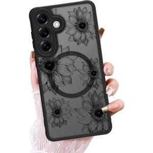 OOK Frosted Magnetic Case for Samsung Galaxy S26, Black Sunflower Floral | Compatible with MagSafe, Cute Flower Blooms Shockproof Cover for Women & Girls