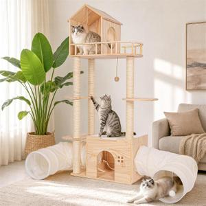 58-Inch Solid Wood Cat Tree for Indoor Cats, Tall Cat Tower, Double Tunnels