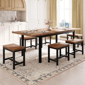 Feonase 7-Piece Dining Table Set with 6 Stools, 63" Large Extendable Kitchen Table Set for 4-8, Mid-Century Dining Room Table with Heavy-Duty Frame & MDF Board, Easy Assembly, Walnut, 28 inches x 63 inches x 30 inches