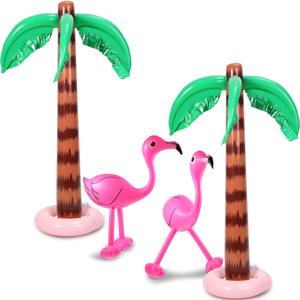 Gejoy Set of 4 Inflatable Palm Trees and Beach Inflatable Pink Flamingo for Hawaiian Pool Summer Luau Party Decoration