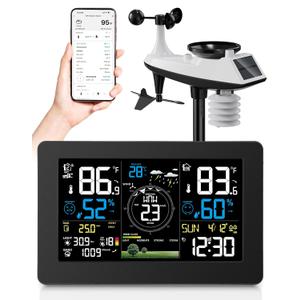 WiFi Weather Station Wireless Indoor Outdoor, Thermometer with Rain Gauge and Wind Speed/Direction, Large Display for Weather Forecast, Temperature, Humidity, Clock, Alarm, UV, Air Pressure, Black