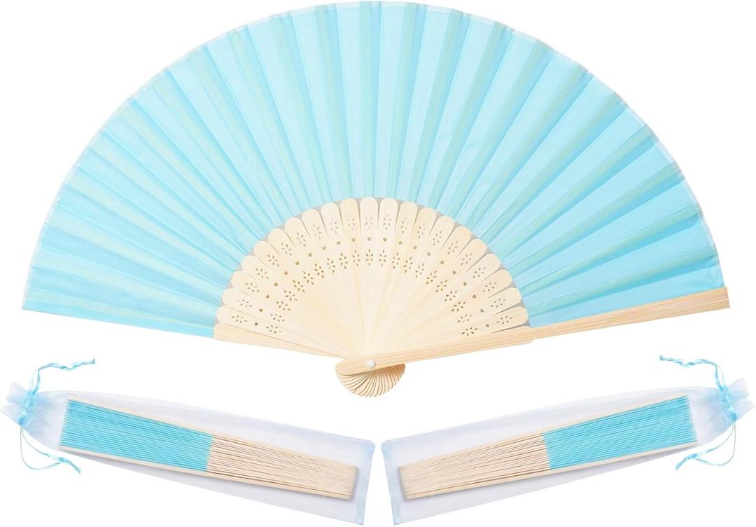 Sepwedd 50pcs Blue Imitated Silk Fabric Bamboo Folded Hand Fan Bridal Dancing Props Church Wedding party favors with Organza Bags (1 Count (Pack of 50))