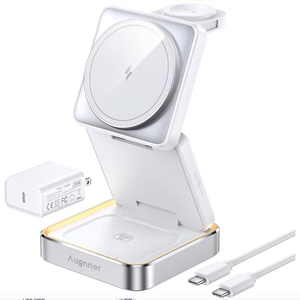【2025 Upgraded】 Wireless Charger 3 in 1, Foldable Wireless Charging Station with Light for Apple MagSafe Charger, Travel Magnetic Charger for iPhone 16/15/14/13/12 Apple Watch AirPods (20W Adapter) 