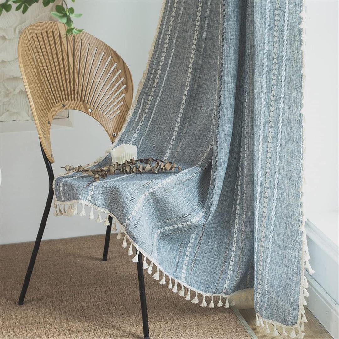 Sutuo Home Boho Curtains 84 Inches Long for Bedroom Living Room,Semi-Blackout French Country Linen Embroidery Vintage Chic Tassels Hollow Window Treatment Bohemian Drape, 1 Panel 52" W x 84" L, Blue, Pack of 1