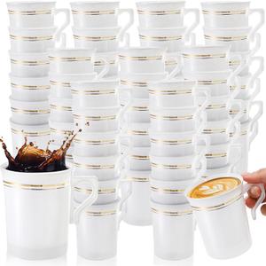 48 Pack Disposable Coffee Mugs with Handle, 8 OZ Heavyweight Gold Rimmed Tea Cups, Plastic Hot Cold Beverage Drinkware for Weddings Cafe Bridal Shower, Engagement Party, Camping, Travel, White