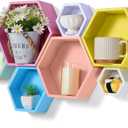Wooden Hexagon Floating Shelves Decor Octagon Wall Mounted Storage Bookshelf for Living Room Bedroom Office Bee Day Decor(Macaron Color)