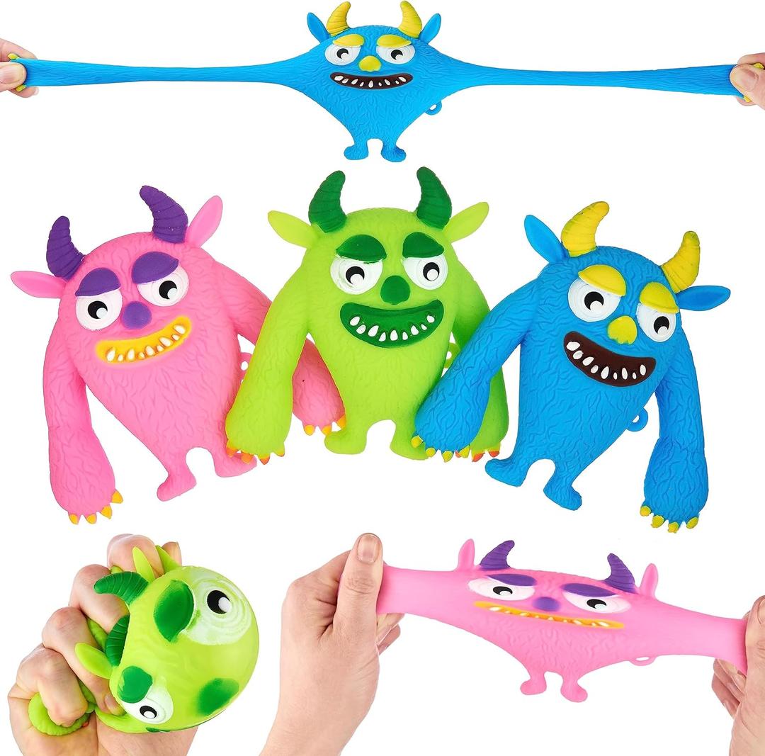3pc Monster Squishy Fidget Toys - Stretch, Squeeze & Squish Stress Relief Toys, Action Figures for Boys, Valentine's & Easter Gifts for Kids