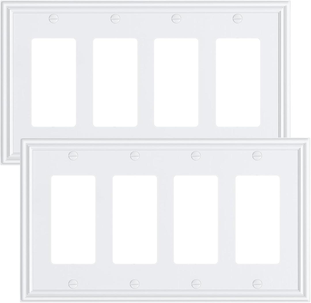 2-Pack Quad Decorator Outlet Cover Plate, Zinc Alloy Decorative Pure White Switch Plates and Outlet Covers, 4 Gang Wall Plates for Electrical Outlets, Receptacle, GFCI Outlet, Dimmer Switch