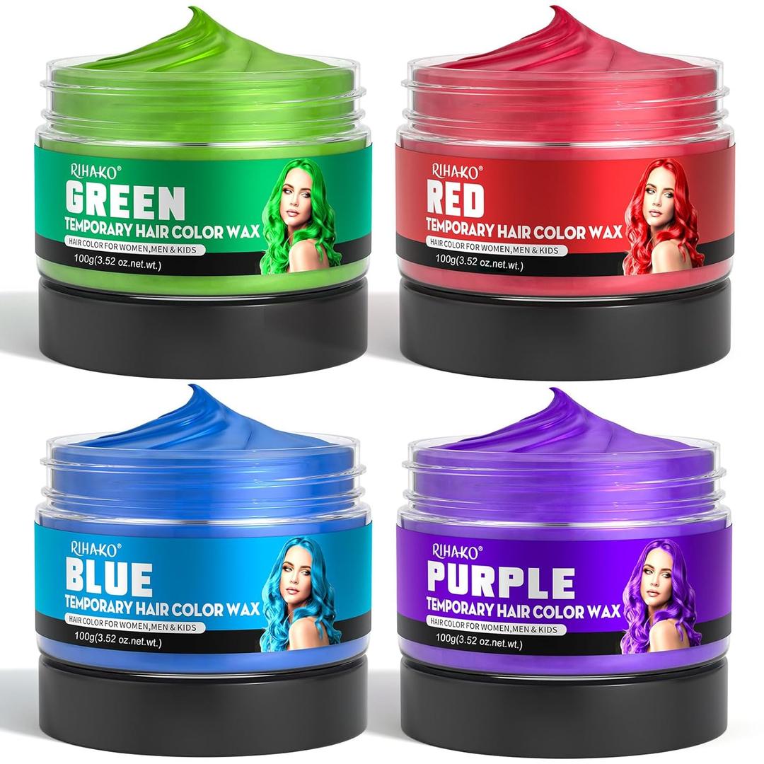 Halloween Party 4 Colors Temporary Hair Color for Kids,Gifts for Teens,Girls,Boys,Fun Gifts for Kids,Temporary Hair Dye,Green Purple Red Blue Hair Dye Color Wax,DIY Hairstyle Instant Color Wax