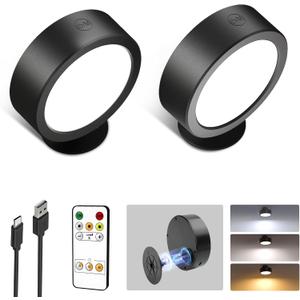 EZVALO LED Wall Mounted Lights, 5500mAh Rechargeable Wall Sconces Lamp, 3 Color Temps & Remote and Touch Control, 360Rotation Dimmable Cordless Wall Light for Bedroom Reading Study Bedside (2 Pack) (Black)