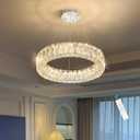HAIXIANG Modern Crystal Chandelier Dimmable LED 16 Inch Ring Pendant Lights Adjustable Glam Chandeliers Lighting Fixtures for Dining Room Living Room Bedroom Silver Light