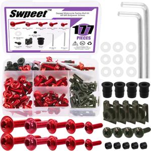 Swpeet 177Pcs 2 Sizes M5 M6 Motorcycle Fairing Bolt Assortment Kit, Motorcycle Windscreen Screws Fasteners Fixing Sportbike Bolts Fairing for All Models & Years Sport Bikes (Red)