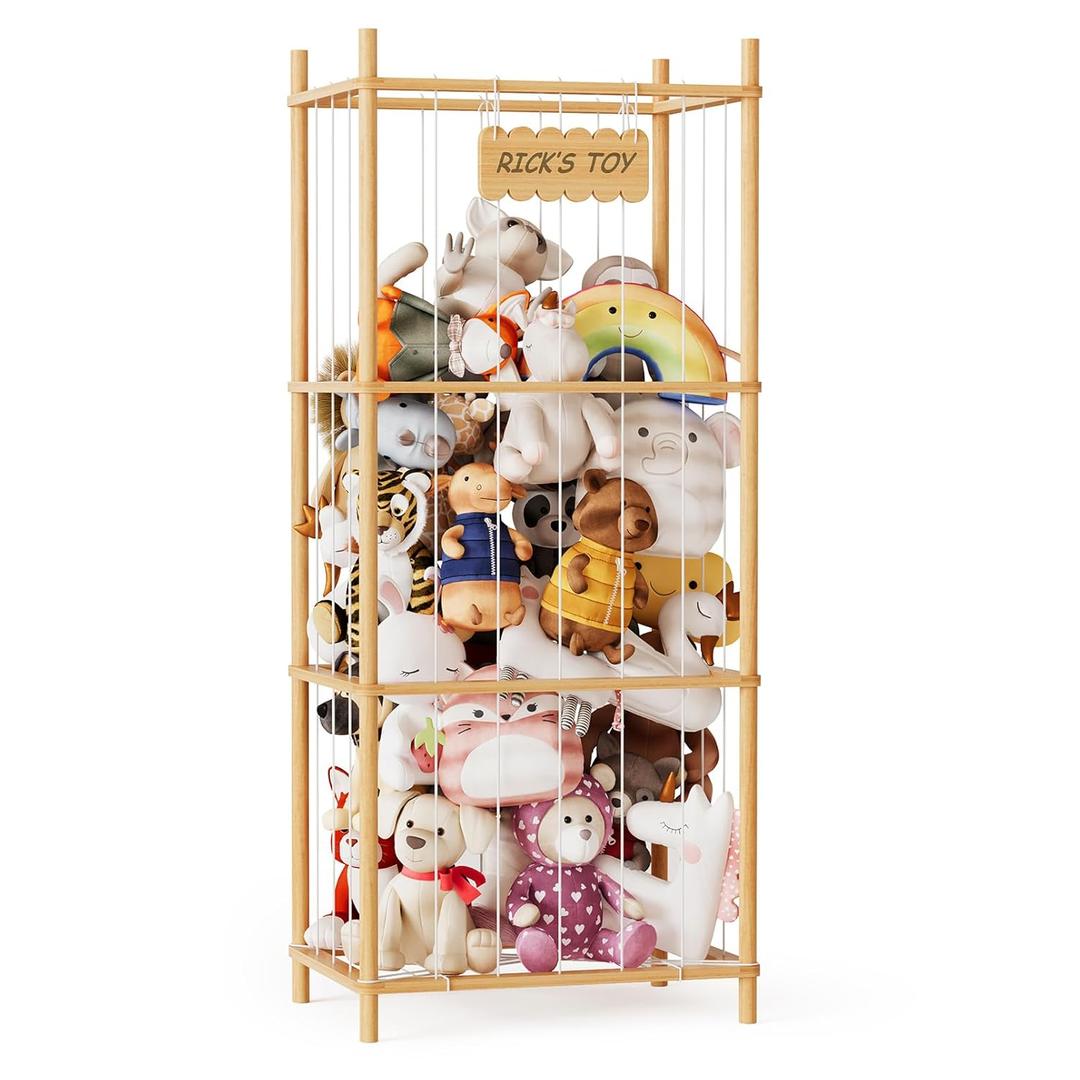 SpaceAid Stuffed Animal Storage Organizer, Wood Animals Zoo Toy Plushies Storage Holder, Large Capacity Plush Toy Cage for Playroom Organization, 22.8" Wide, Natural