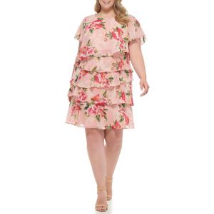 Jessica Howard Women's Petite Style Layered Ruffle Butterfly Sleeve Printed Chiffon, Blush Size 10P