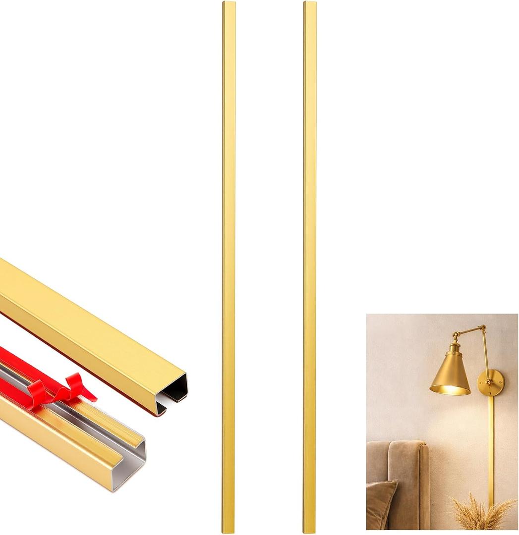 Zonon 2 Pack 30" Long Metal Cord Cover Self-Adhesive Brushed Lamp Cable Raceway Wire Hider for Wall Cable Home Office Kitchen(Gold)