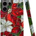Case for Samsung Galaxy S23 Ultra,Poinsettia Stained Glass Christmas Floral Phone Case Military-Grade Drop Protection Cover for Women Girl - Glossy