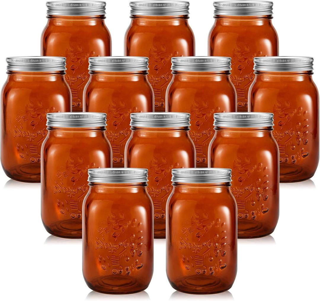 Tessco for you 12 Pcs Amber Bulk Mason Jars 16oz with Lids Glass Pint Canning Containers Regular Mouth for Food Storage, Wedding, DIY Crafts, Table Centerpieces