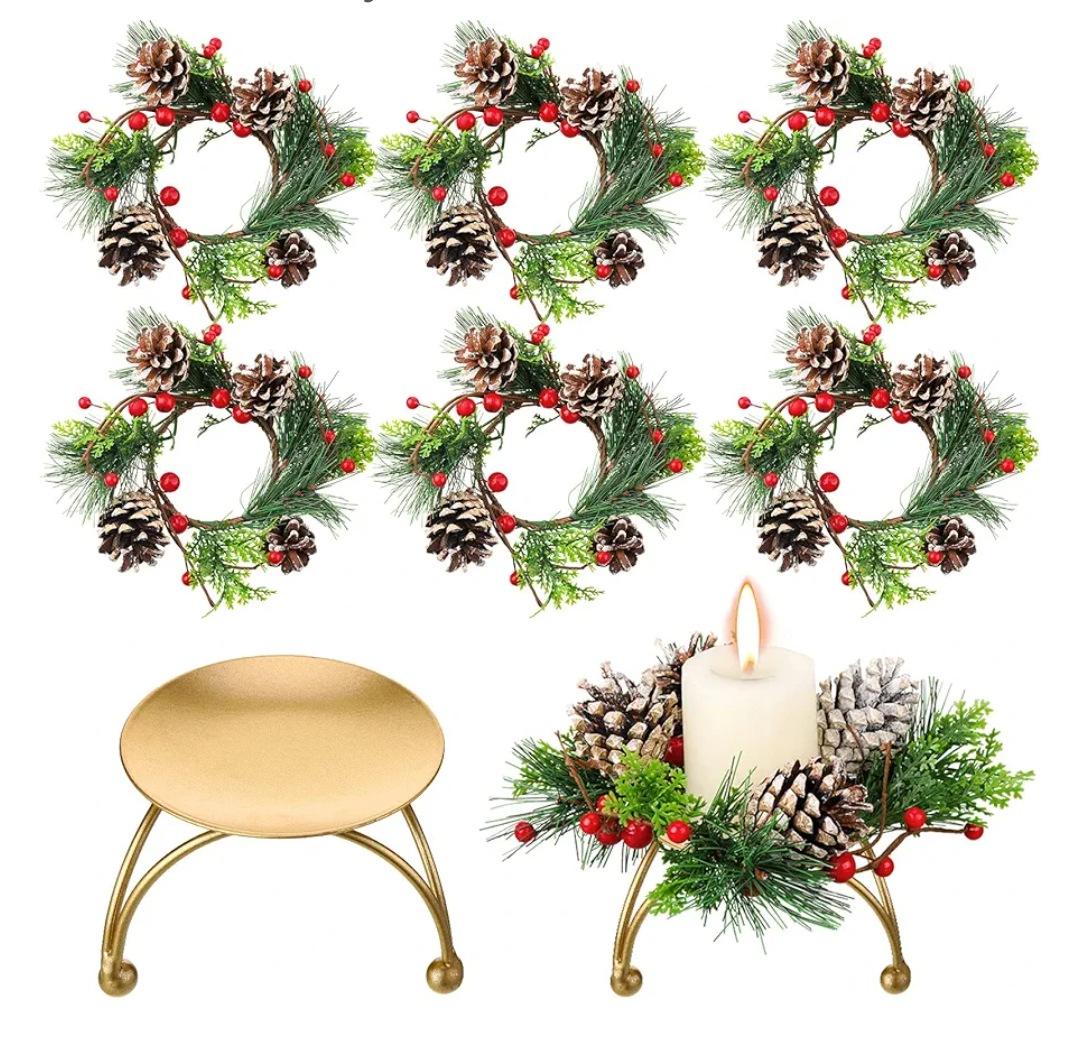 12 Pieces Christmas Wreath Candle Holder Include 6 Pcs Votive Candle Berry Ring with Pinecones and 6 Pcs Metal Candle Holders for Christmas Party Decoration
