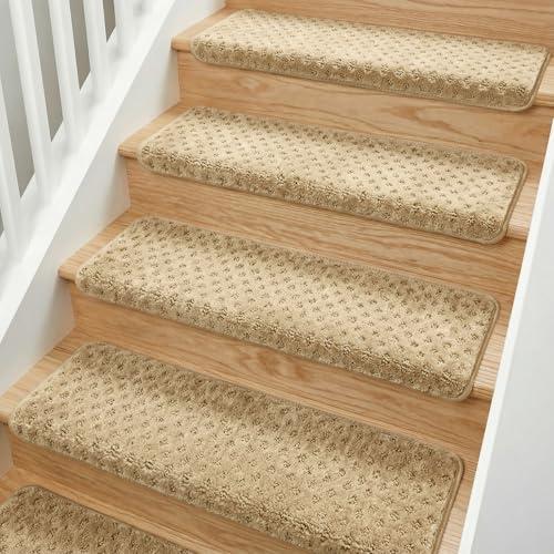 MBIGM Bullnose Carpet Stair Treads Non Slip Stair Mats for Wooden Stairs (14, Camel - Lattice, 9.5" x 30")