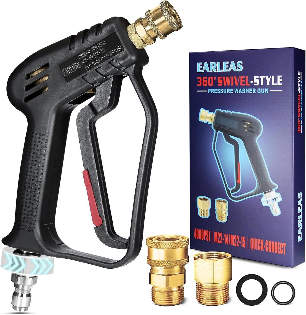Short Pressure Washer Gun with Swivel, 4000 PSI Power Washer Gun, M22 14mm/15mm & 3/8" QC Inlet, 1/4" Quick Connect for Foam Cannon, Car Wash, Patio & Driveway