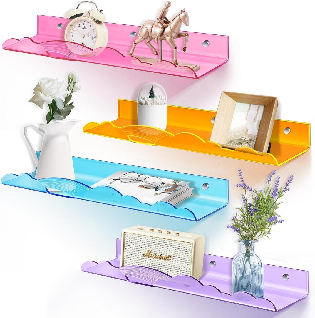 Rainbow Acrylic Floating Shelves, 15in Kids Wall Mounted Nursery Bookshelves, Display Ledge for Books Toys Cosmetic, Bathroom Bedroom Living Room Wall Decor and Storage, 4 Pack, Mix