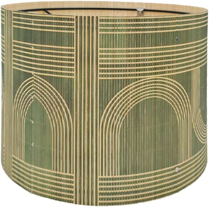 Rustic Bamboo Drum lamp Shade with Decorative Geometric Green Figure,Groovy Unique ideal for living room bedroom, easy assemble, size 11.8x9Inch