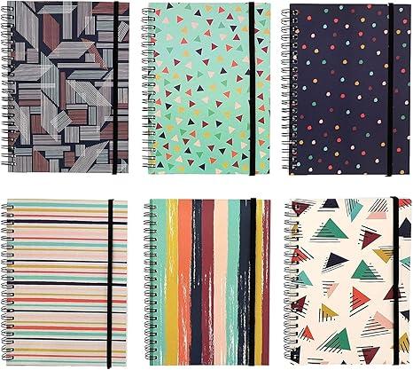 Paper Junkie 6 Pack 5x7 Spiral Notebooks with Pocket - Small Lined Journals with Elastic Closure for School, Work (6 Designs)