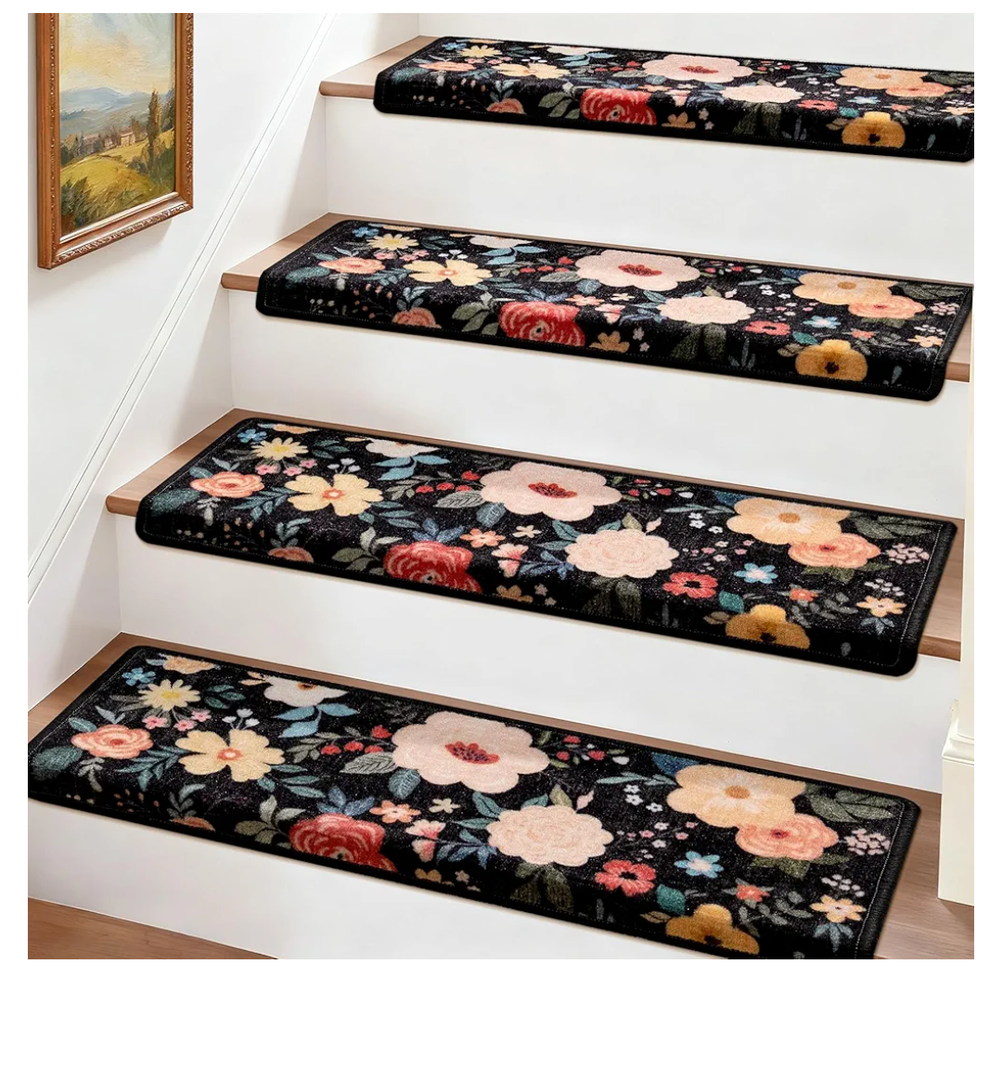 Stair Treads for Wooden Steps,Non-Slip Peel and Stick Stair treads Stair Carpet for Indoor Runner and Pets,Floral Stair Rugs,Soft Washable Staircase 14pcs 29.5 ''x9.5 ''x1.5 ''