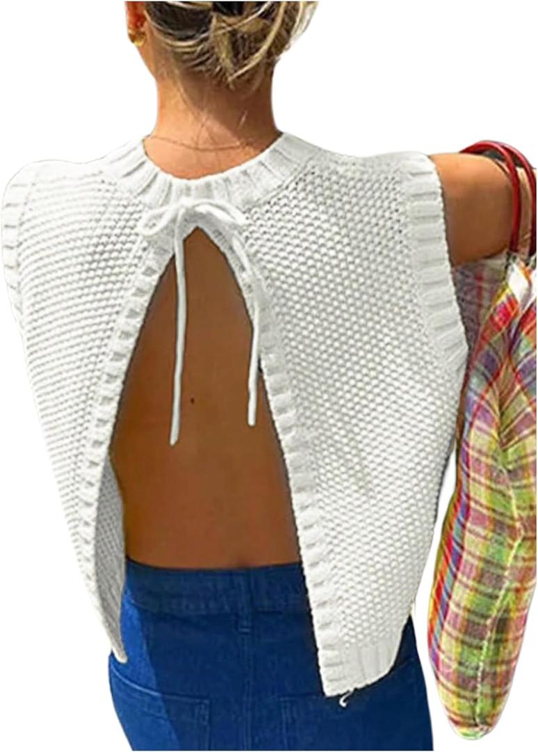 Soly Hux Women Y2K Backless Tie Up Knit Crop Sweater Vest Sleeveless Round Neck Split Open Back Pullover Summer Tank Top, Size: L