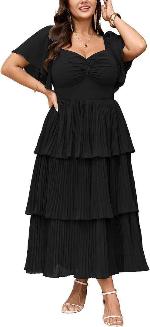 SCOMCHIC Women's Plus Size Formal Wedding Guest Evening Party Dress Short Sleeve Pleated Tiered Chiffon Bridesmaid Dresses (Black, L)