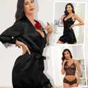 Hellomamma Women's Silk Pajama Set: 4-Piece Satin Robe Lingerie Sexy Sleepwear Lounge Set for Brida Wife Girlfriend (Black, XXL)