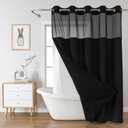 Black No Hook Waffle Weave Shower Curtain with snap-in Liner Replacement, 230GSM Waterproof Fabric Hotel Shower Curtain Set for Bathroom, Through Mesh Top Window, 71Wx74H