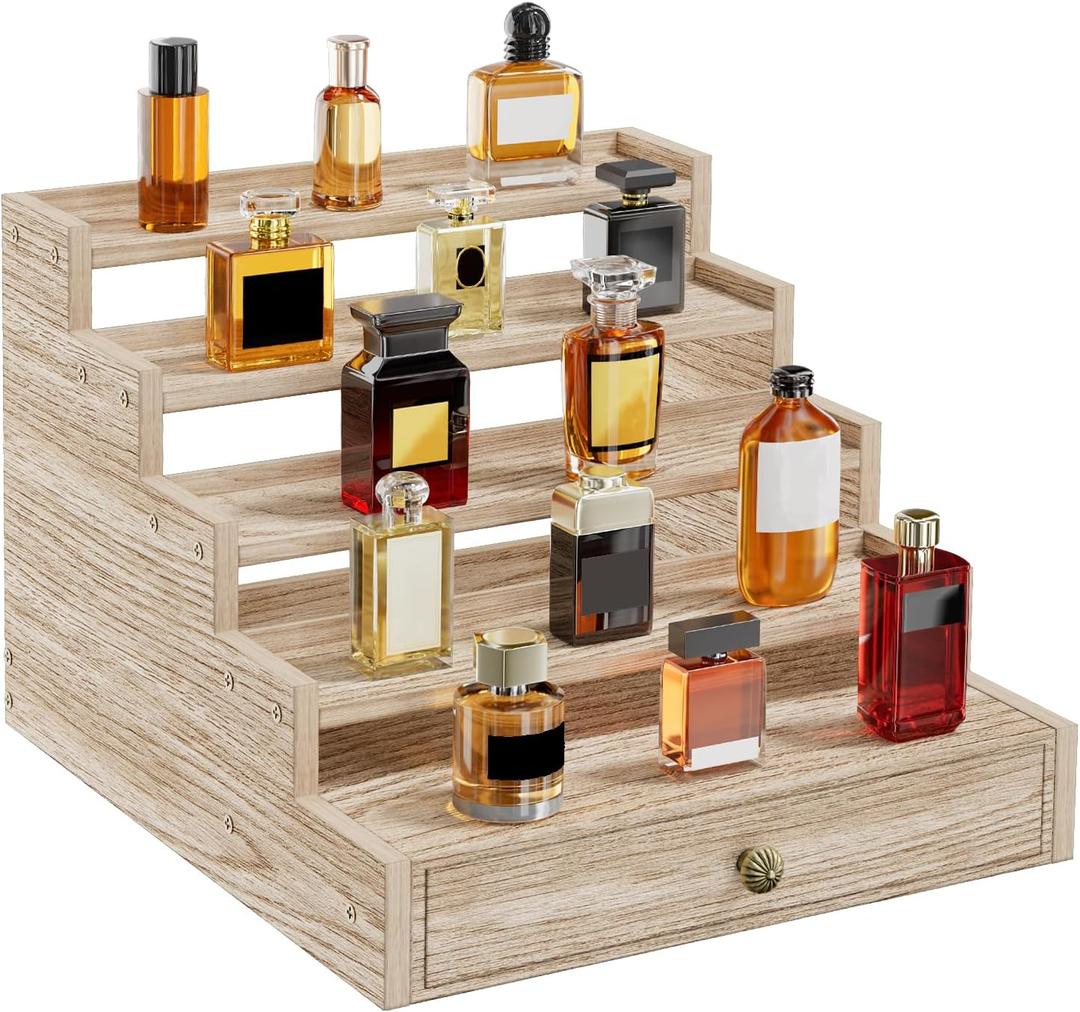 5 Tier Cologne Organizer for Men, Wooden Stand Rack Display Shelf with Drawer Storage, Large Capacity Perfume Holder for Man, Log Color