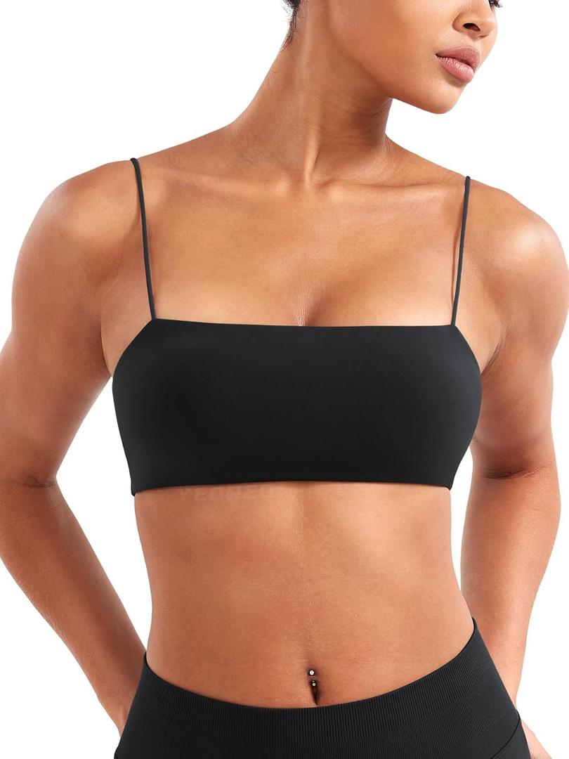 YEOREO Women's Spaghetti Strap Sports Bra Enidy Square Neck Yoga Wireless Low Impact Padded Seamless Cami Crop Top (Black) S