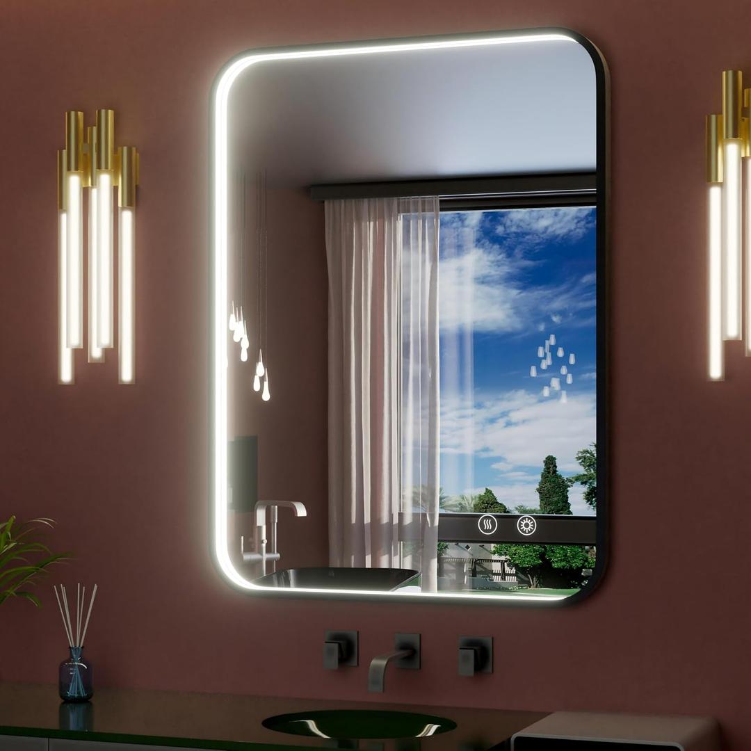 28x36 Inch Black LED Bathroom Mirror - 3 Color Lights (3000K/4500K/6000K), Wall Mounted Lighted Vanity Mirror for Bathroom, Stepless Dimmable, Anti-Fog, Memory Function, Horizontal/Vertical