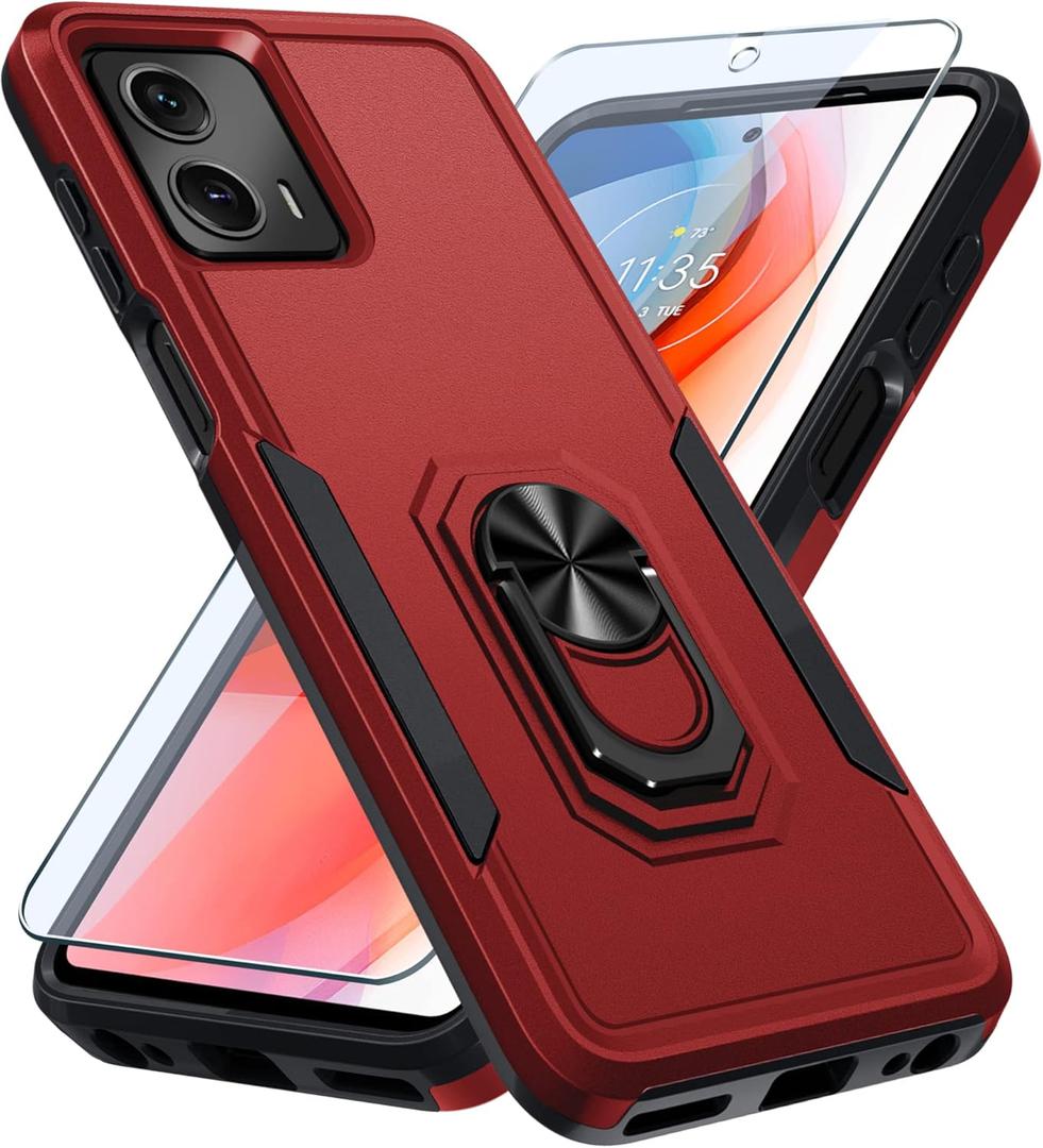 3 x Janmitta Compatible with Moto G 5G 2023 Case with Screen Protector,Heavy Duty Shockproof Full Body Protective Cover Built in Rotatable Metal Ring Holder Kickstand,Red