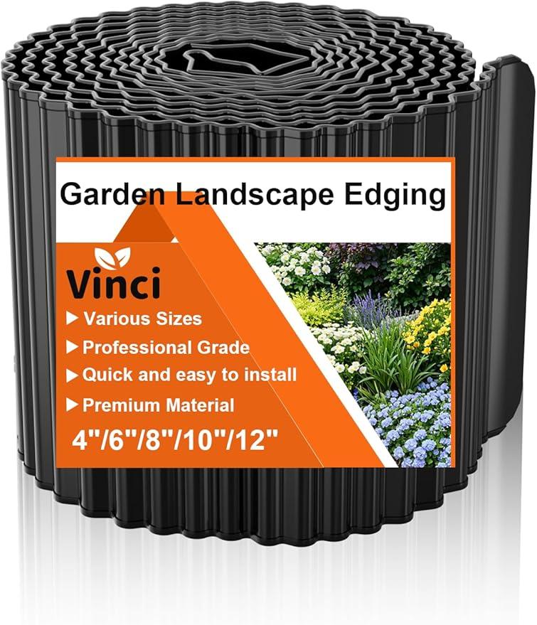 Vinci Garden Landscape Edging Border, 8 Inch x 20 FT Corrugated Sturdy Metal Easy Installation Safe Hemmed Lawn Garden Border Edges for DIY Flower Beds, Pathways and Patio Design (Black)