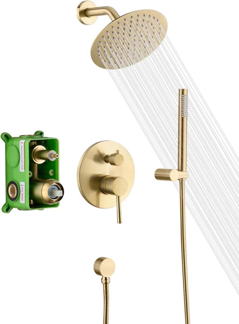 sumerain Brushed Gold Shower Faucet System with high pressure 8 Inches rain shower head and brass hand shower, Rough-In Valve Body and Trim Included (2 Function)
