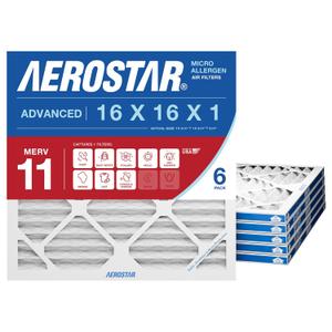 Aerostar 16x16x1 MERV 11 Air Filter, 6 Count, ACTUAL SIZE (15.75 x 15.75 x 0.75 ), HVAC, Air Conditioning & Furnace Filter for Dust, Pet Dander, Smoke & Allergies (MPR 1200 / FPR 7), Made in USA