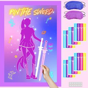 AFZMON Purple Birthday DecorationsPin The Sword Party Favors Games for Kids, Large Poster with 24 Stickers for Party Supplies