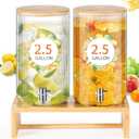 Honeydak 2 Pack 2.5 Gallon Glass Drink Dispensers for Parties, Beverage Dispenser with Stand Stainless Steel Spigot Bamboo Lid Leakproof for Water, Lemonade, Juice and Party Drinks