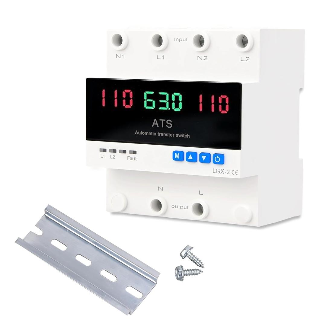 63A 2P Dual Power Automatic Transfer Switch 110V Adjustable Emergency Generator Transfer Switch with LED Display 50HZ/60HZ ATS for Generator and Backup Power (small-scale)