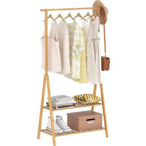 Bamboo Wooden Clothes Rack, Heavy Duty Garment Rack for Hanging Clothes, Freestanding Clothing Rack with 2 Tier Storage Shelves & Side Hooks for Living Room Bedroom Entryway
