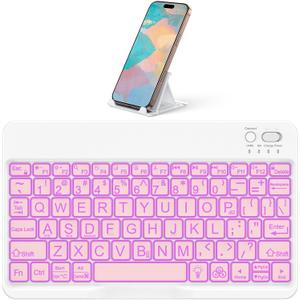 OMOTON Large Print Bluetooth Keyboard for iPad iPhone Windows Tablets - 7 - Color Backlit with Enlarged Keycaps, Rechargeable Wireless Keyboard for iPad 10th/9/8/7, iPad Pro Air Mini etc (Pink)