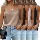 2 Pack Women's Silk Satin Tank Tops Camisole Sleeveless Spaghetti Adjustable Straps Vest Crewneck Cami Blouse (XL, Coffee, Khaki)