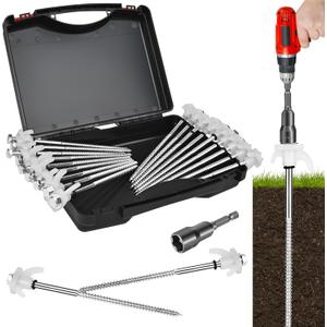 12 Pack Tent Stakes Heavy Duty 8 Inch Ground Anchor Screw Camping Stakes with Luminous Head Metal Threaded Tent Pegs, Includes Hex Head Driver and Storage Box