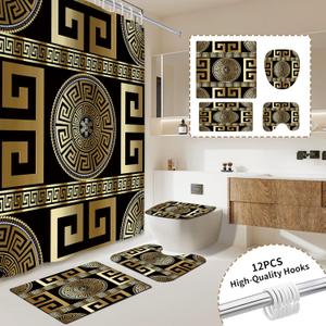 4PCS Black Gold Geometric Print Fabric Shower Curtain Set, Modern Waterproof Soft Fabric Shower Curtain Bathroom Trim, Non-Slip Bath mat, Applicable to bathrooms, Hotels,12 pcs Hooks, 71x71 in