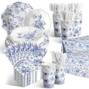 Dandat 402 Pcs Blue Floral Disposable Tableware Set Serve 50 Baby Shower Party Decoration Bridal Shower Party Supplies Plates Napkins Plastic Tablecloths for Wedding Birthday Decoration